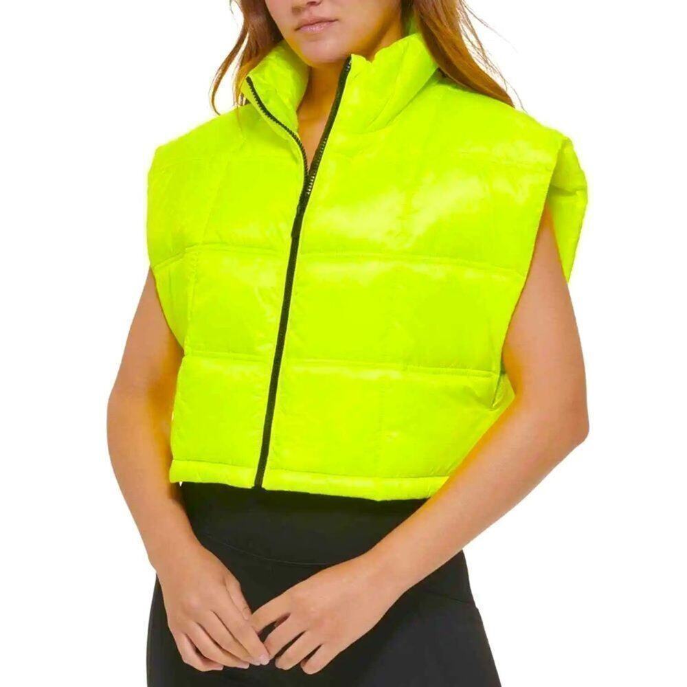 CALVIN KLEIN PERFORMANCE Yellow Cropped Mock-Neck Zip-Up Puffer Vest Size L New